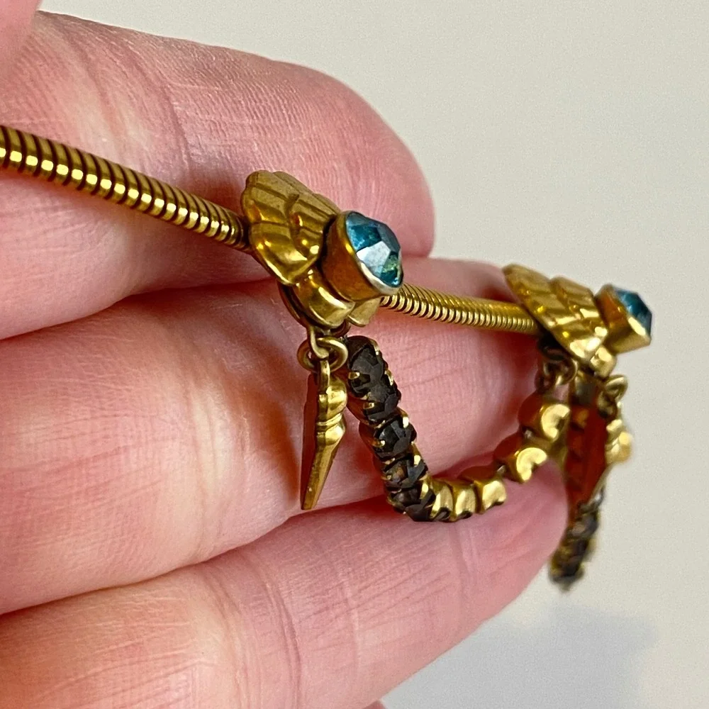 Vintage Gold‎ Filled Blue Rhinestone Festoon Snake Chain Spike Necklace 15